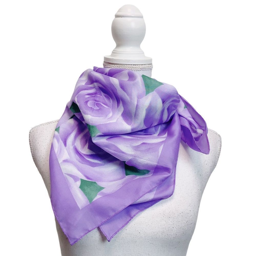 LIZ SINCLAIR MADE IN ITALY PURPLE ROSES PRINT HANDKERCHIEF SCARF